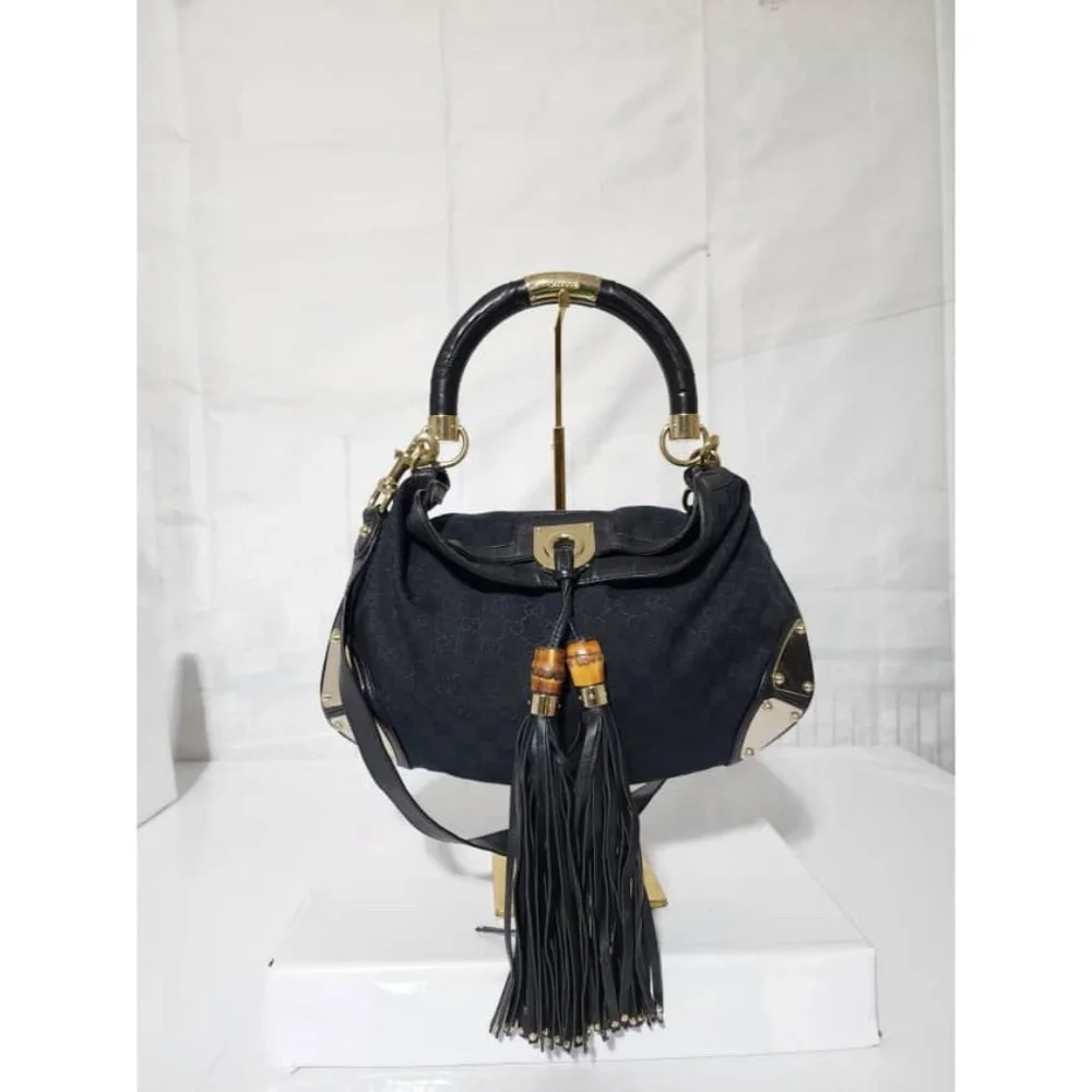 Authentic Gucci GG Canvas and Leather Medium Babouska Indy Hobo Bag Black